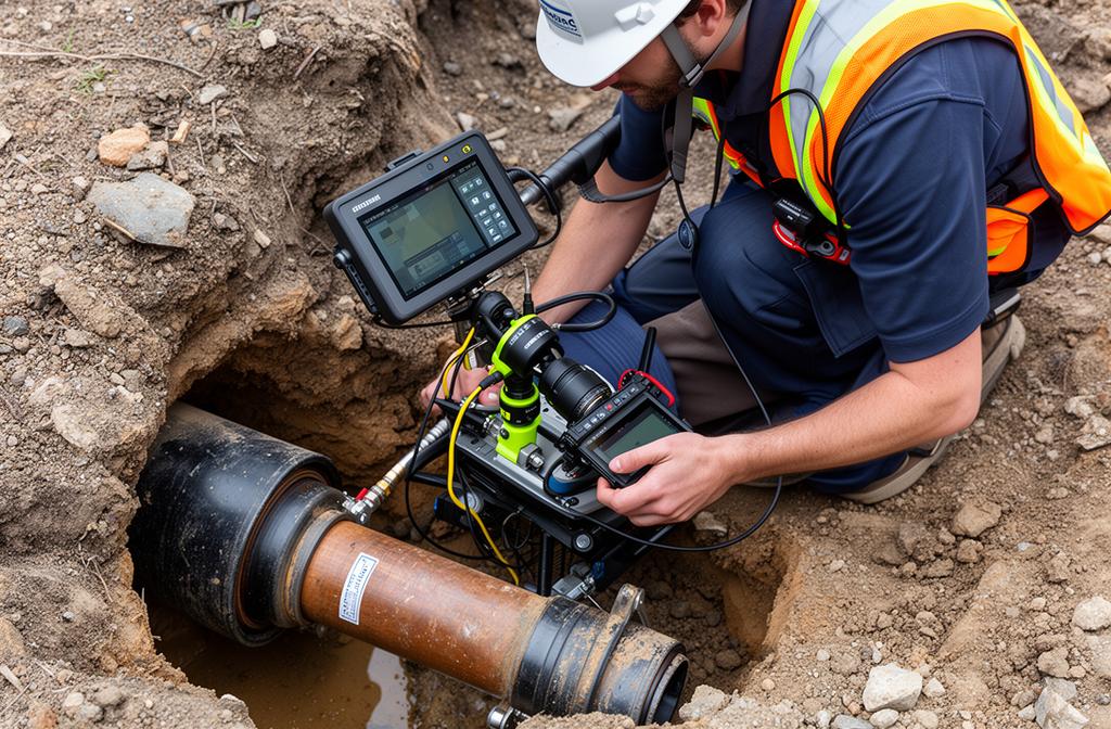 Plumber performing camera inspection on sewer line — keyword research for plumbing SEO