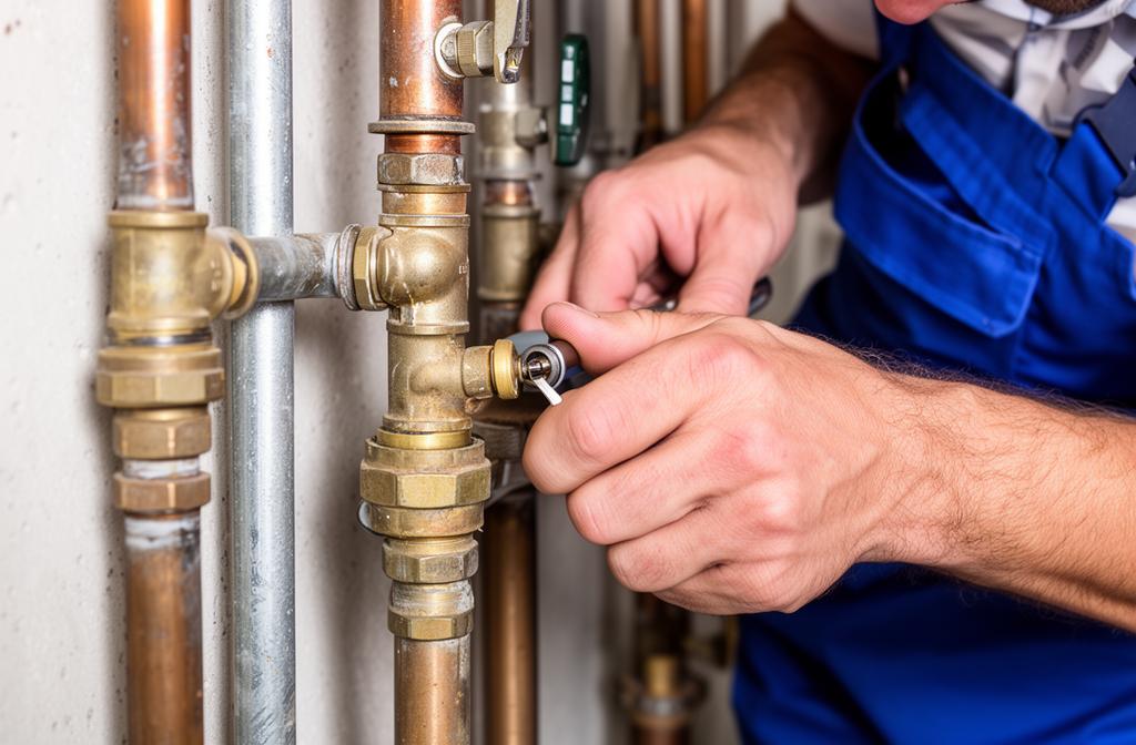 Plumbing contractor performing close-up pipe repair work