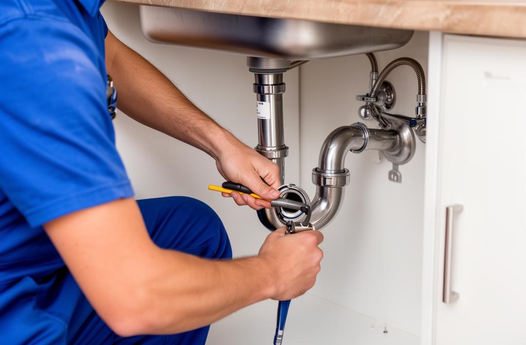 Plumber repairing kitchen sink drain — on-page plumber SEO optimization