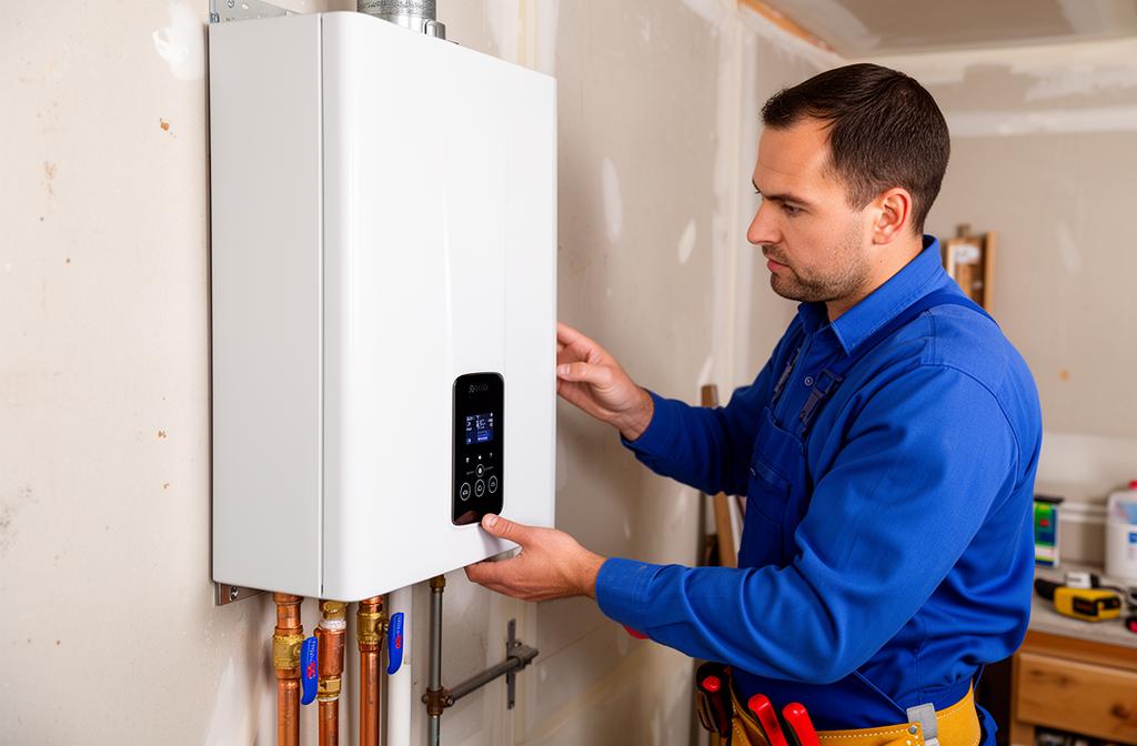 Plumber installing tankless water heater — plumber SEO content marketing
